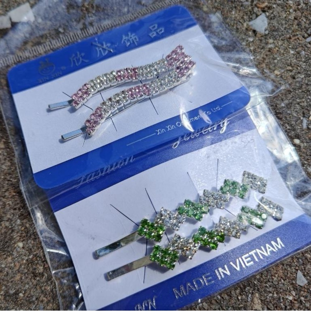 2 Hair Pins for Sale - Bling Green & Pink